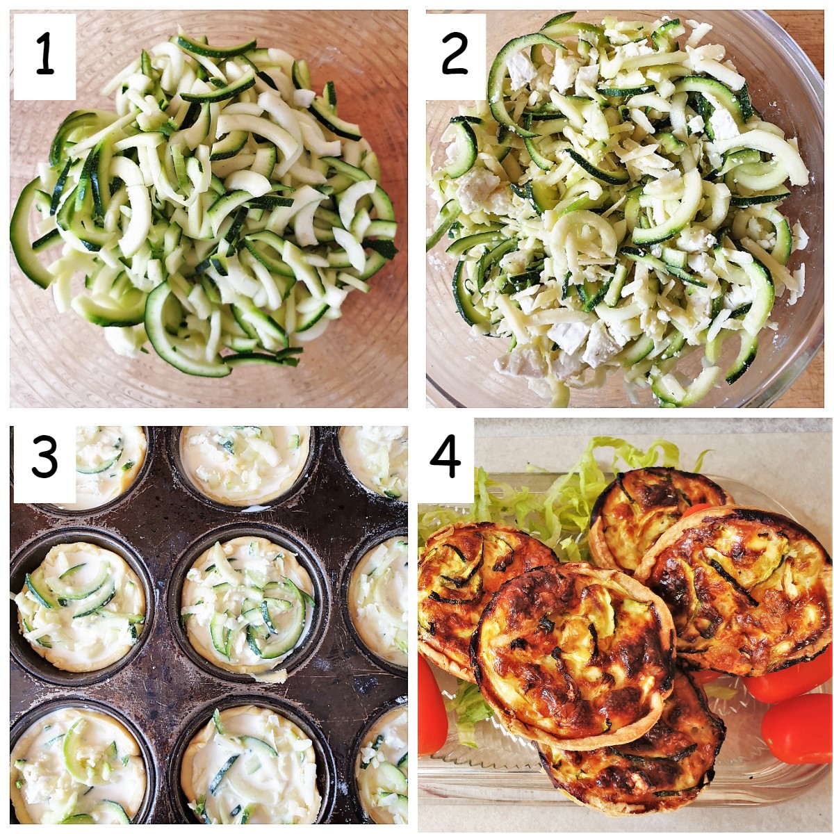 Collage of 4 images showing steps to make zucchini and goat cheese tarts.