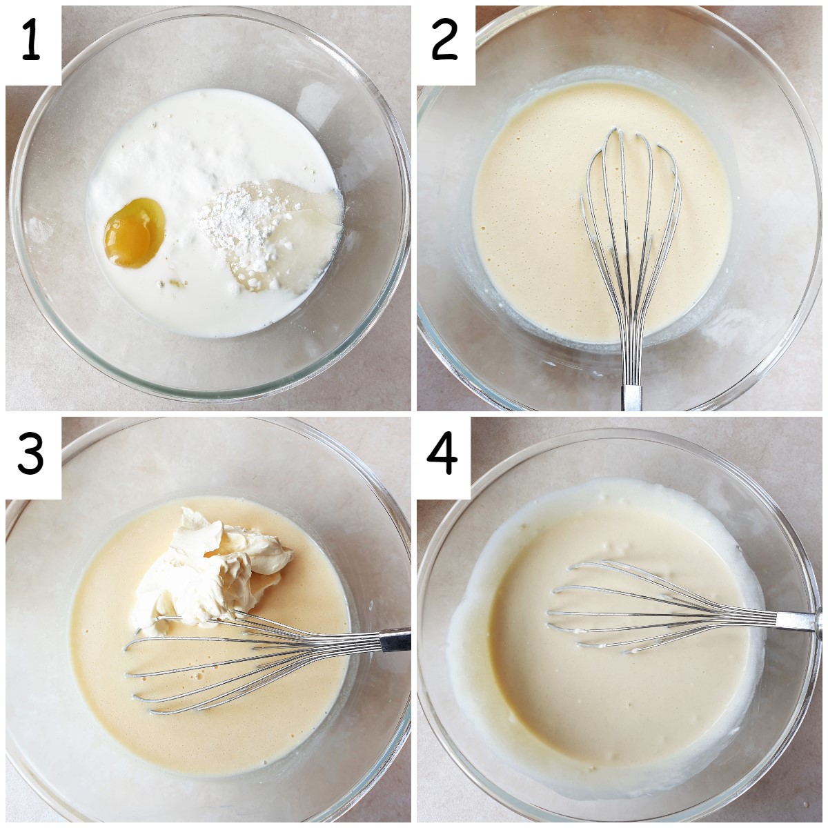 Steps for mixing the batter for the pear cake.