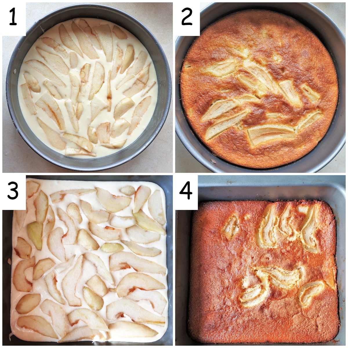 Collage of 4 images showing a round pear cake and a square pear cake in baking tins.