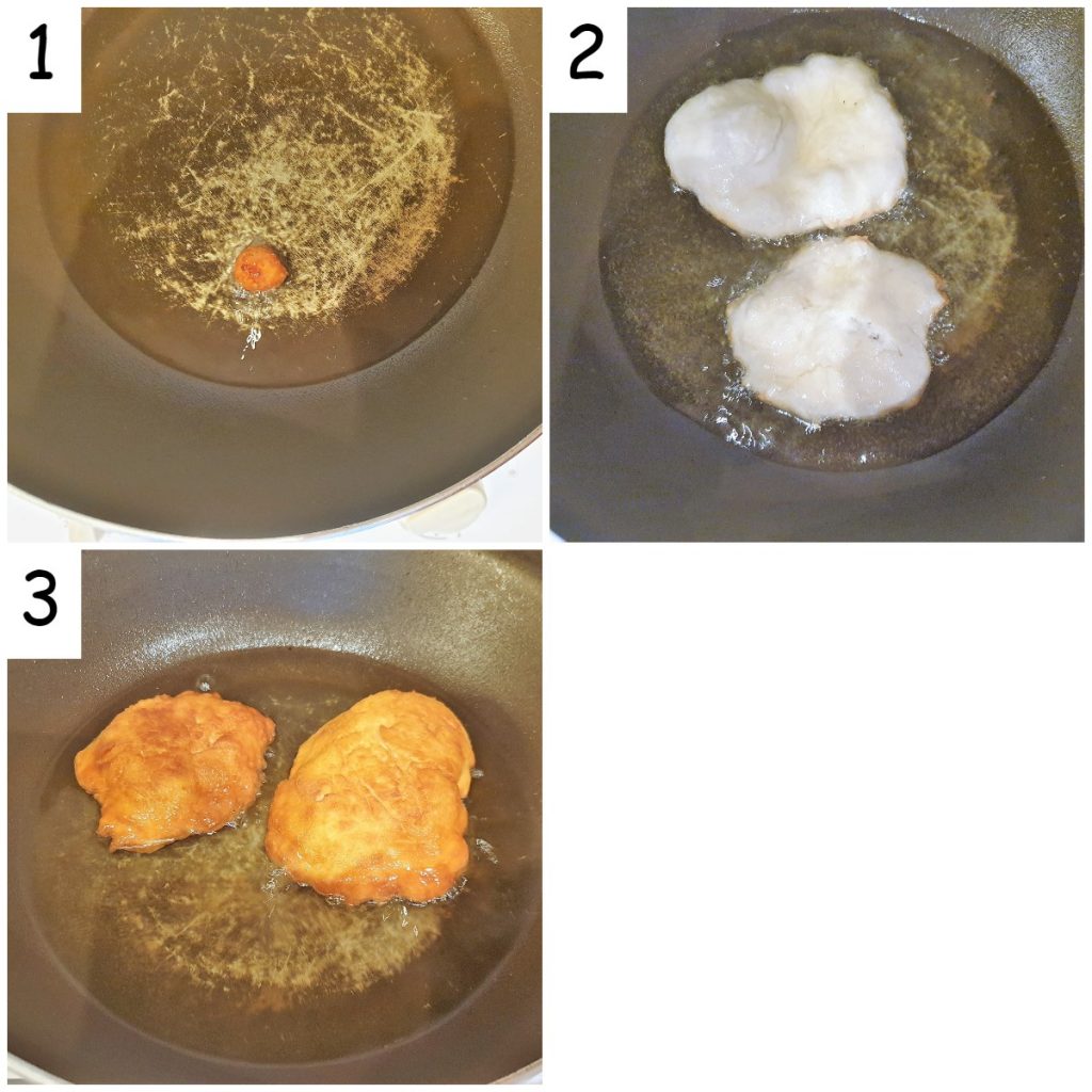  Trois images montrant les étapes de friture du vetkoek.