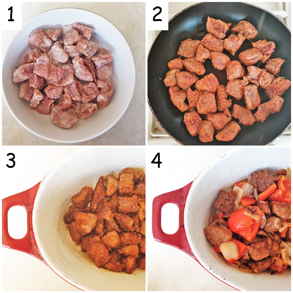 A collage of 4 images showing flour-coated beef being browned in a pan and then being placed in a casserole dish with softened onions and red peppers.