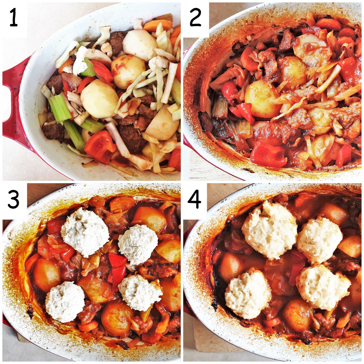 A collage of 4 images showing the stages of cooking the beef casserole and suet dumplings.