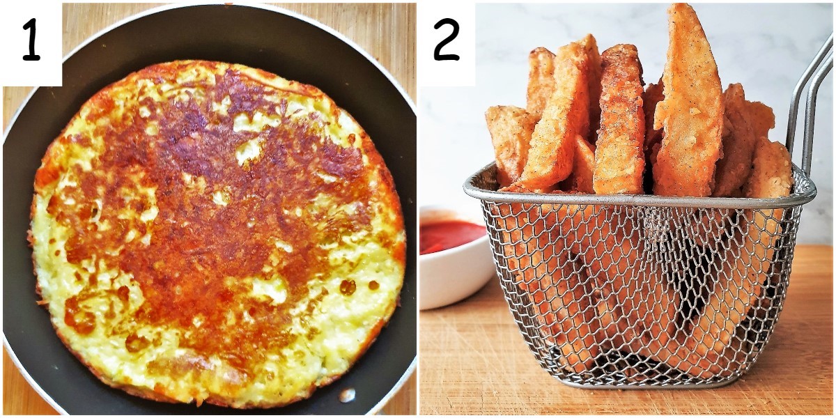 A potato frittata and a basket of crispy twice-fried french fries.