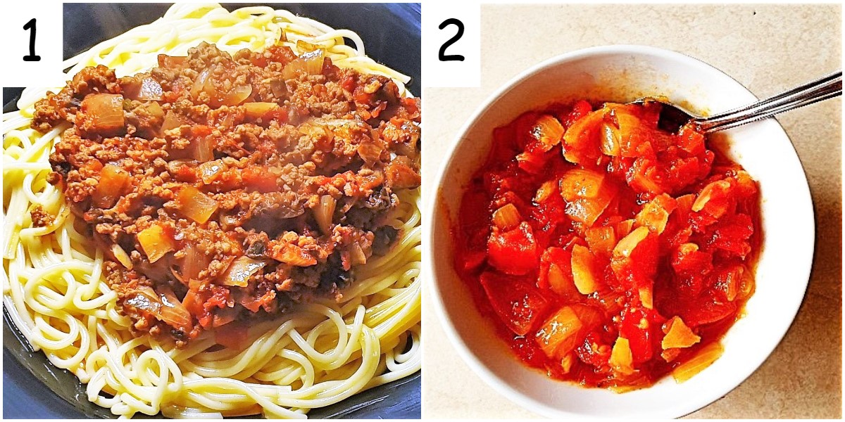 A bowl of spaghetti bolognese and a bowl of homemade tomato sauce