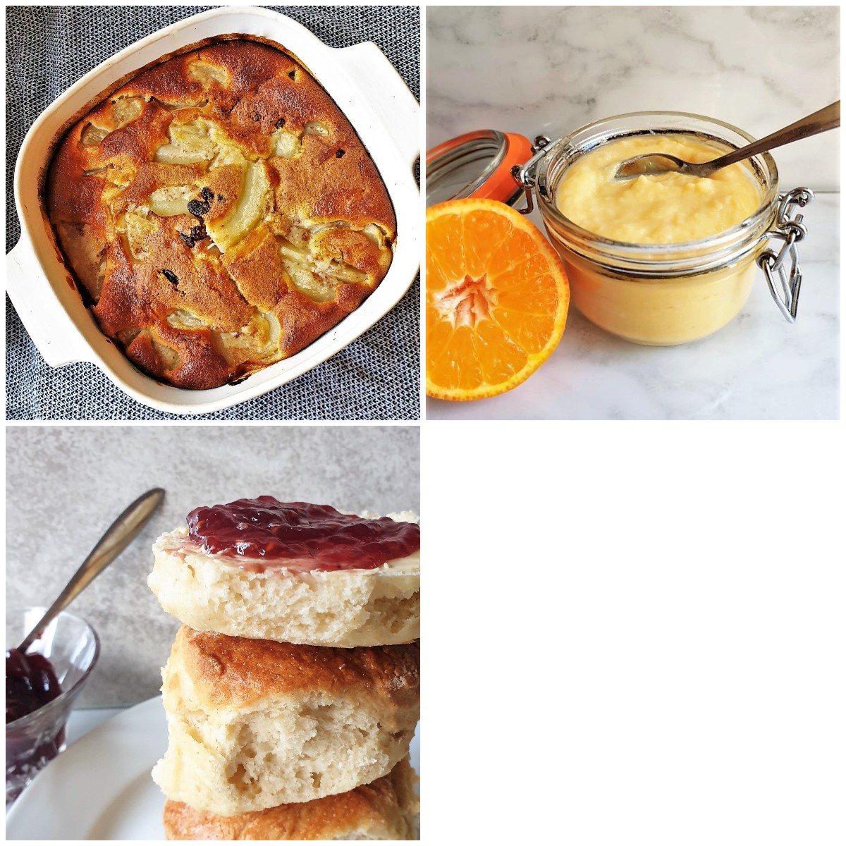 An easy apple cake, homemade orange curd, and a plate of 3-ingredient lemonade scones.