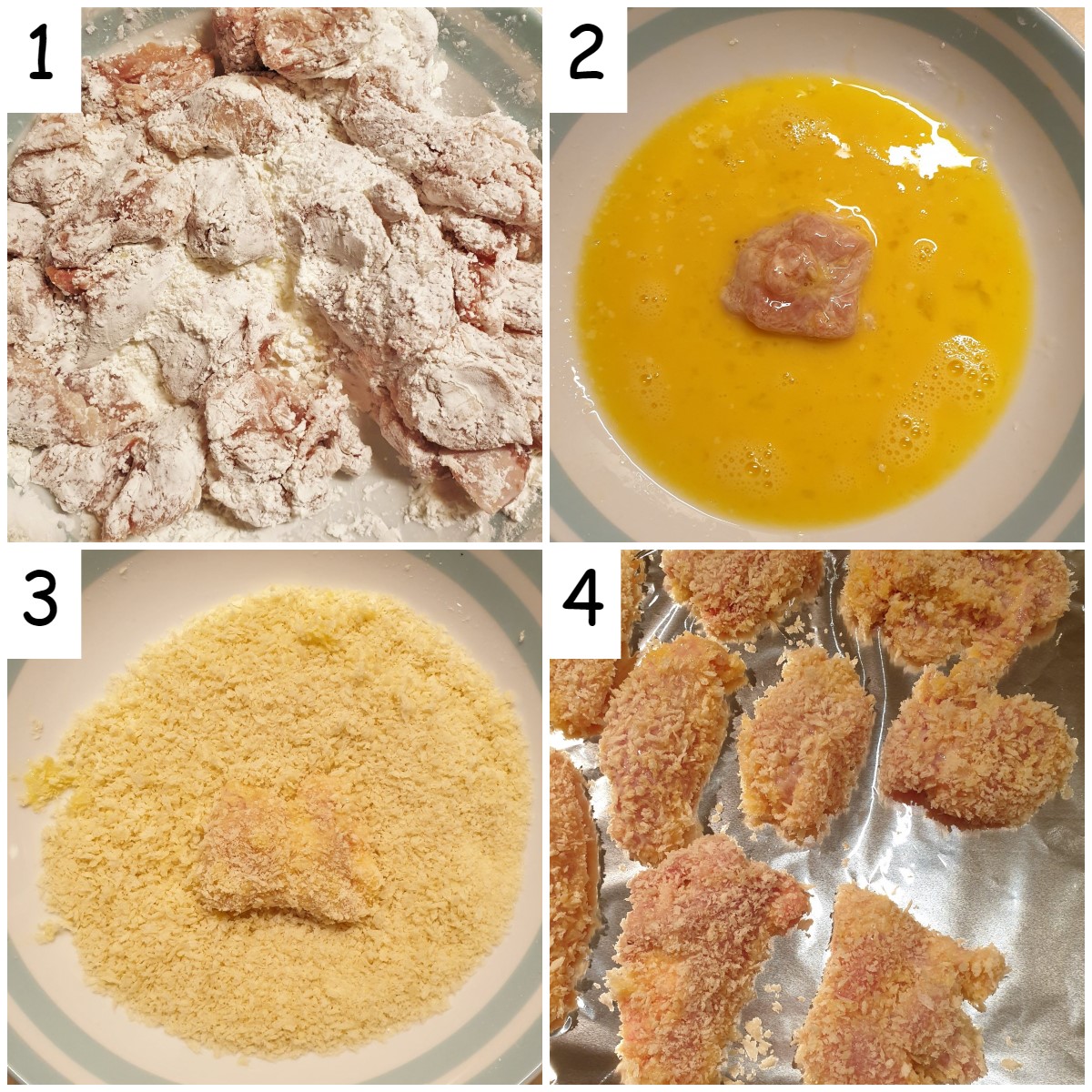 Four images showing how to coat the chicken with egg and breadcrumbs.