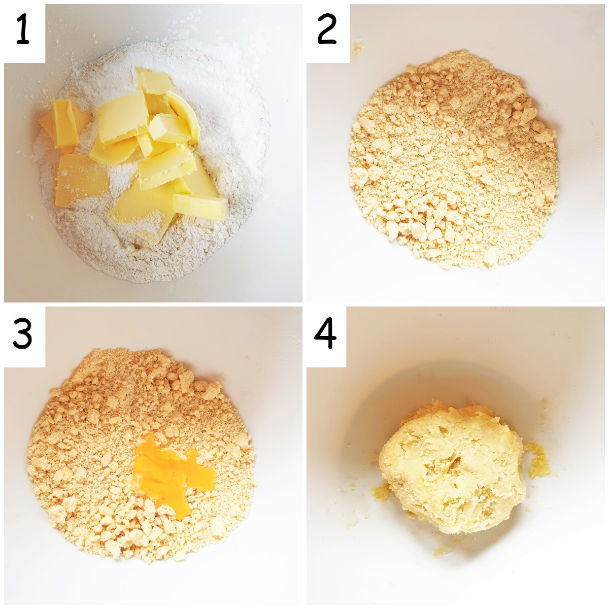 Four images showing steps for mixing pistachio butter biscuits.