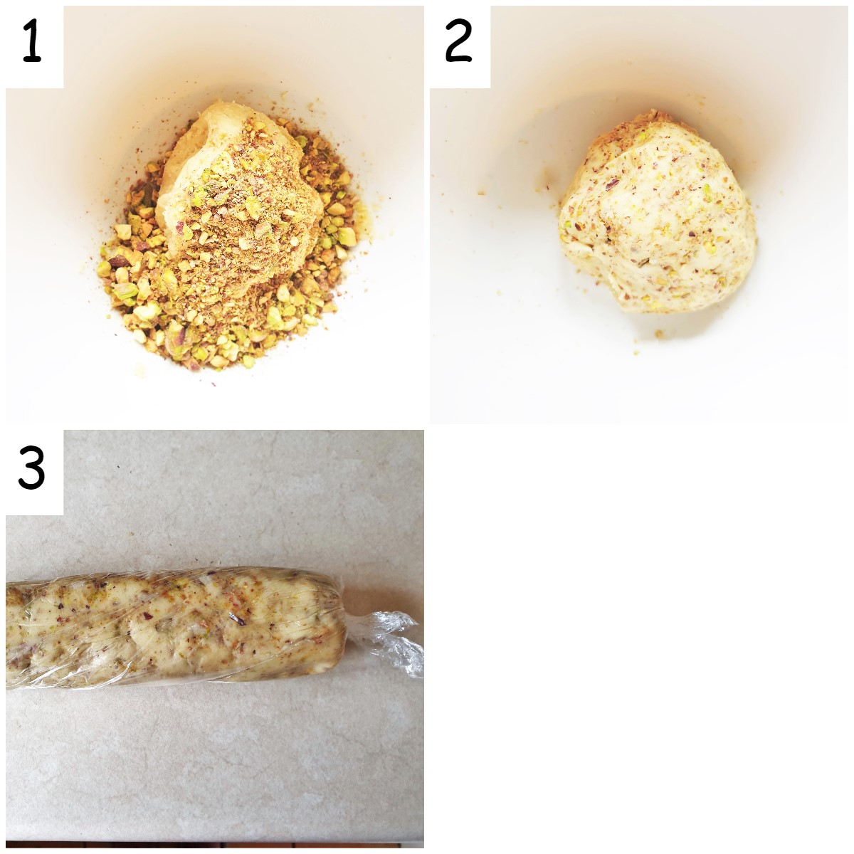 Three images showing cookie dough being mixed with pistachio nuts and then being formed into a log for chilling in the fridge.