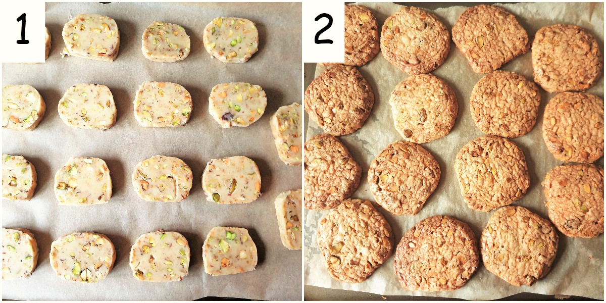 Two images showing pistachio butter cookies before and after being baked.