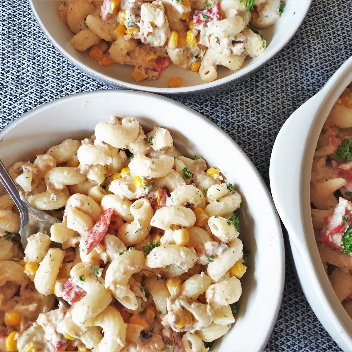 Overhead shot of salmon and red pepper pasta salad