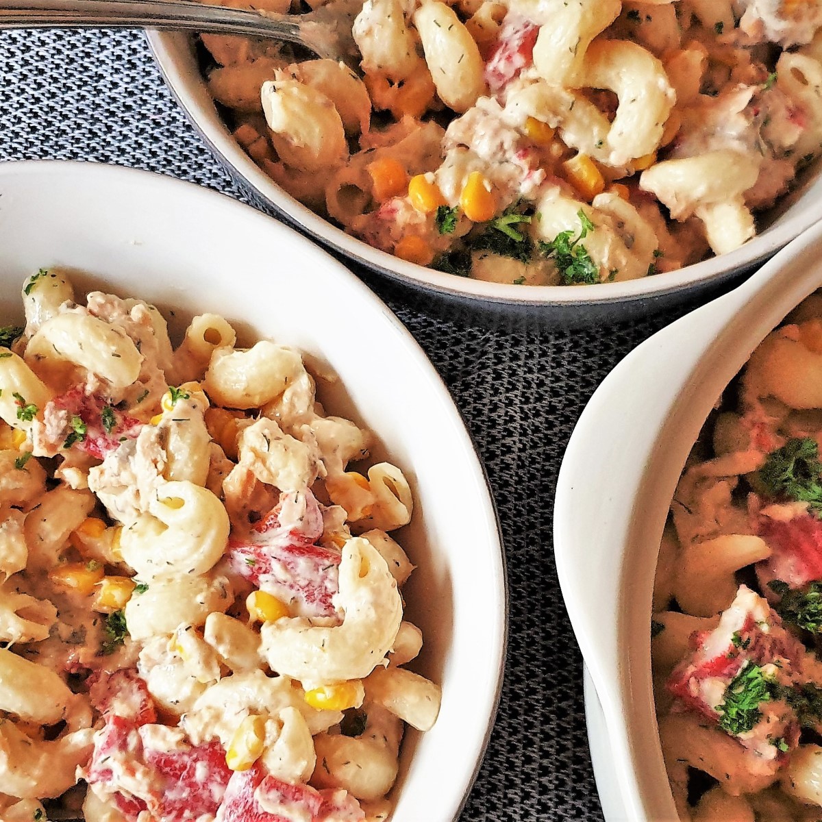 Overhead shot of salmon and red pepper pasta salad