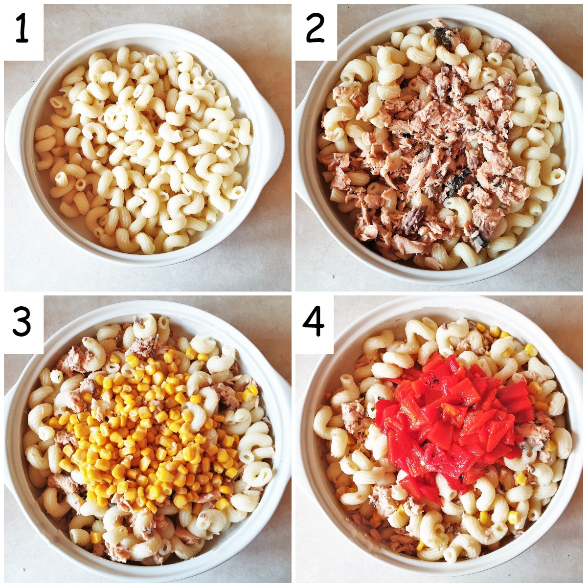 A collage of 4 images showing steps for mixing salmon and red pepper pasta salad.