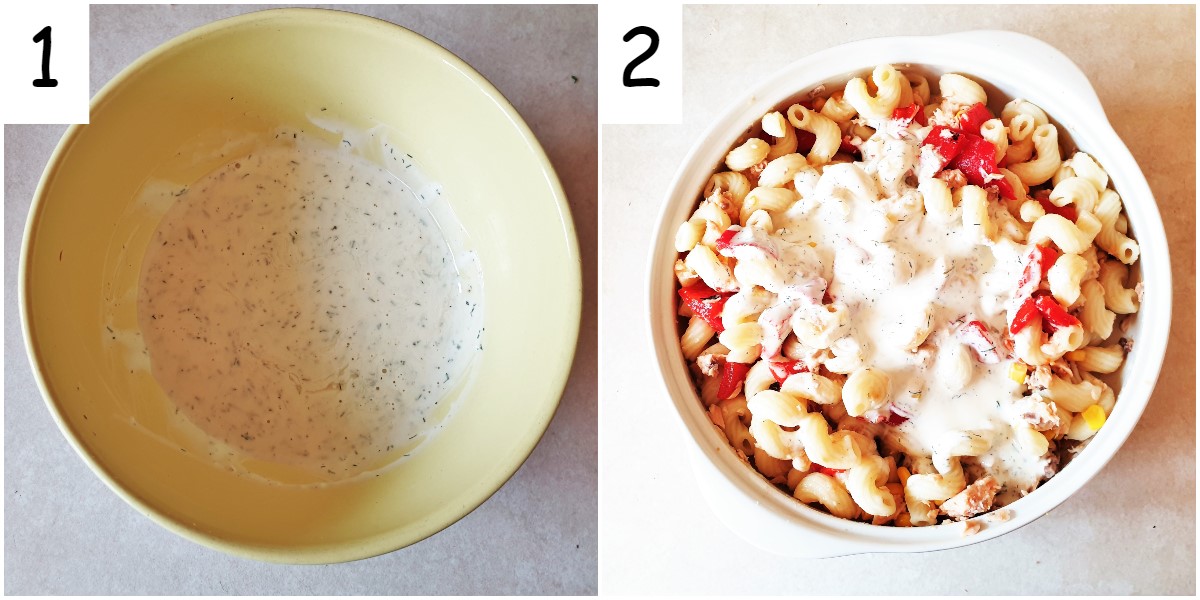 Two images showing a bowl of mixed salad dressing, and also the dressing poured over the salad.