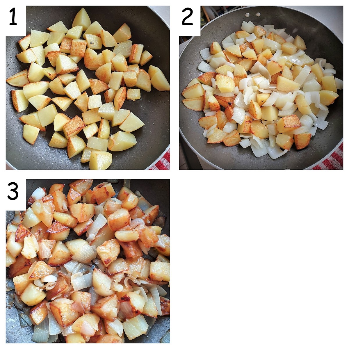 Three images showing steps for making saute potatoes.