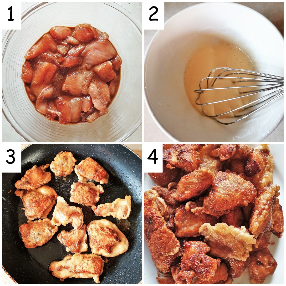A collage of 4 images showing the steps for marinating and frying the chicken.