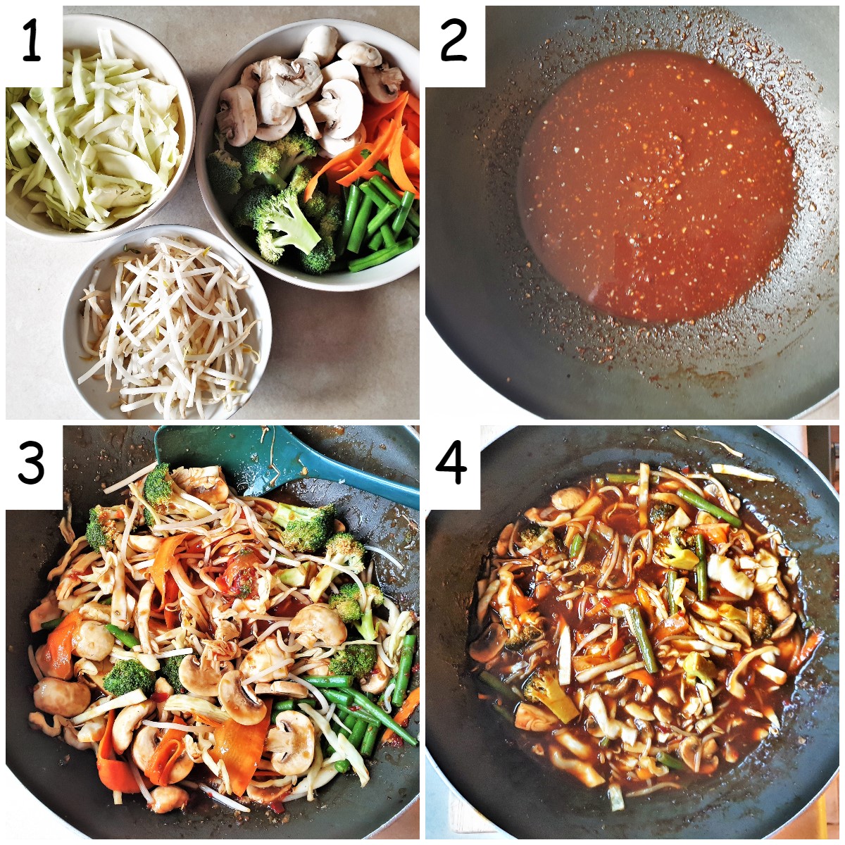 A collage of 4 images showing the steps for cooking the vegetables in the szechuan sauce.
