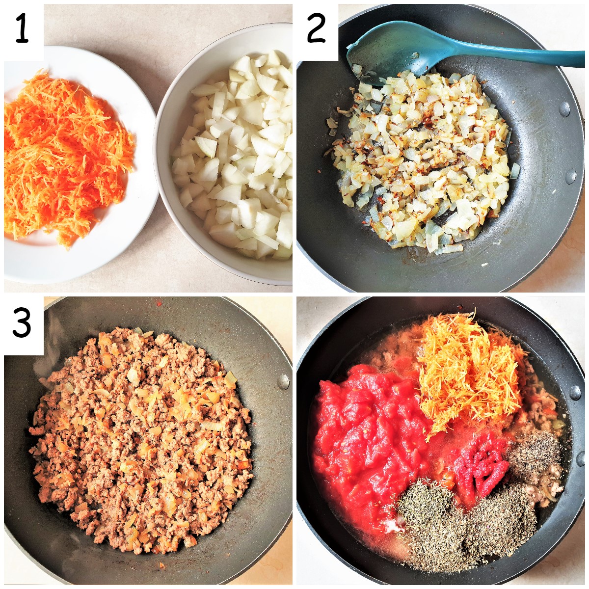 Steps for making spaghetti bolognese sauce.