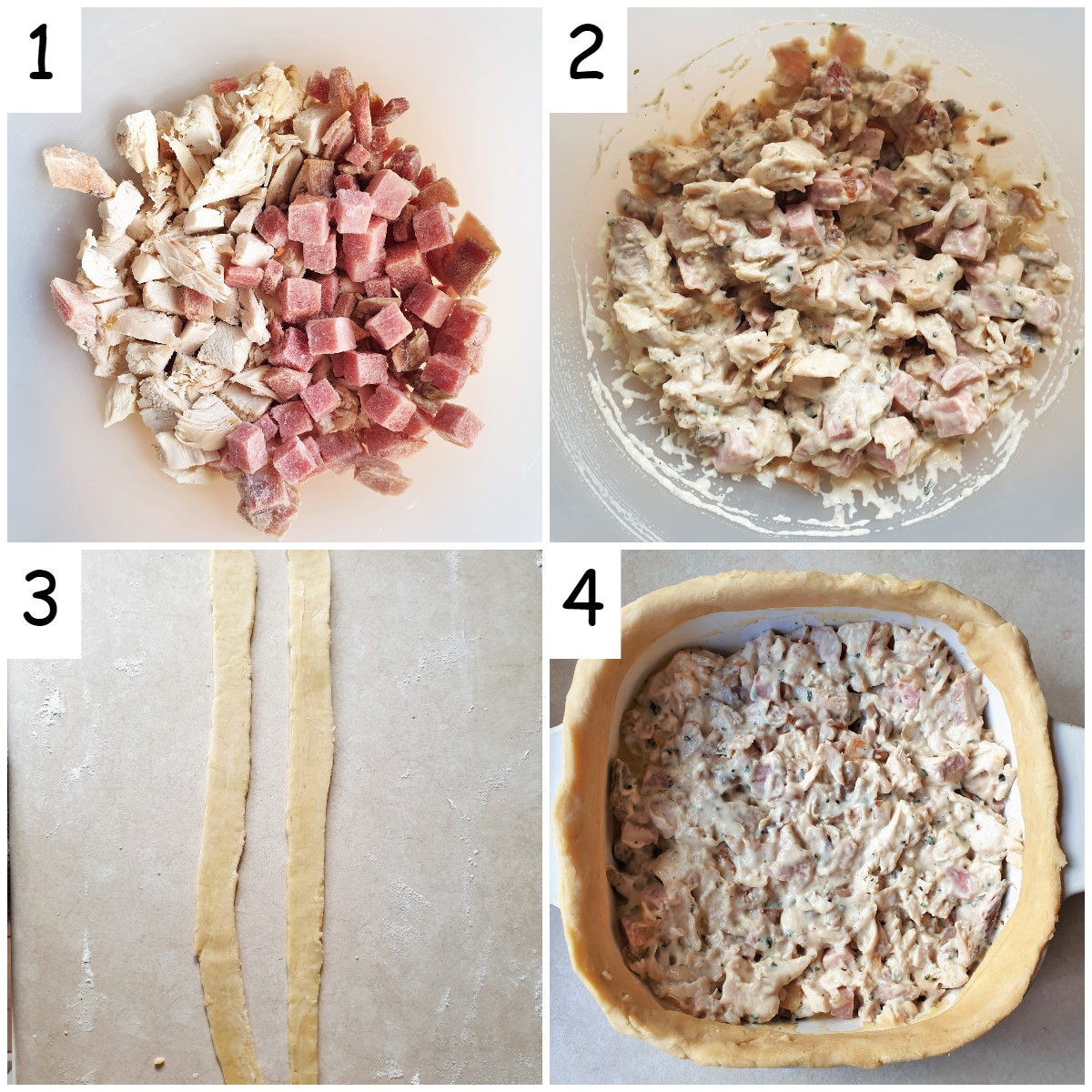 Collage of 4 images showing steps for mixing the filling and forming a rim of pastry around the pie dish.