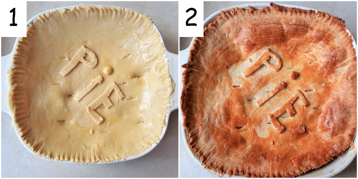 An unbaked pie covered in raw pastry and a browned baked pie.