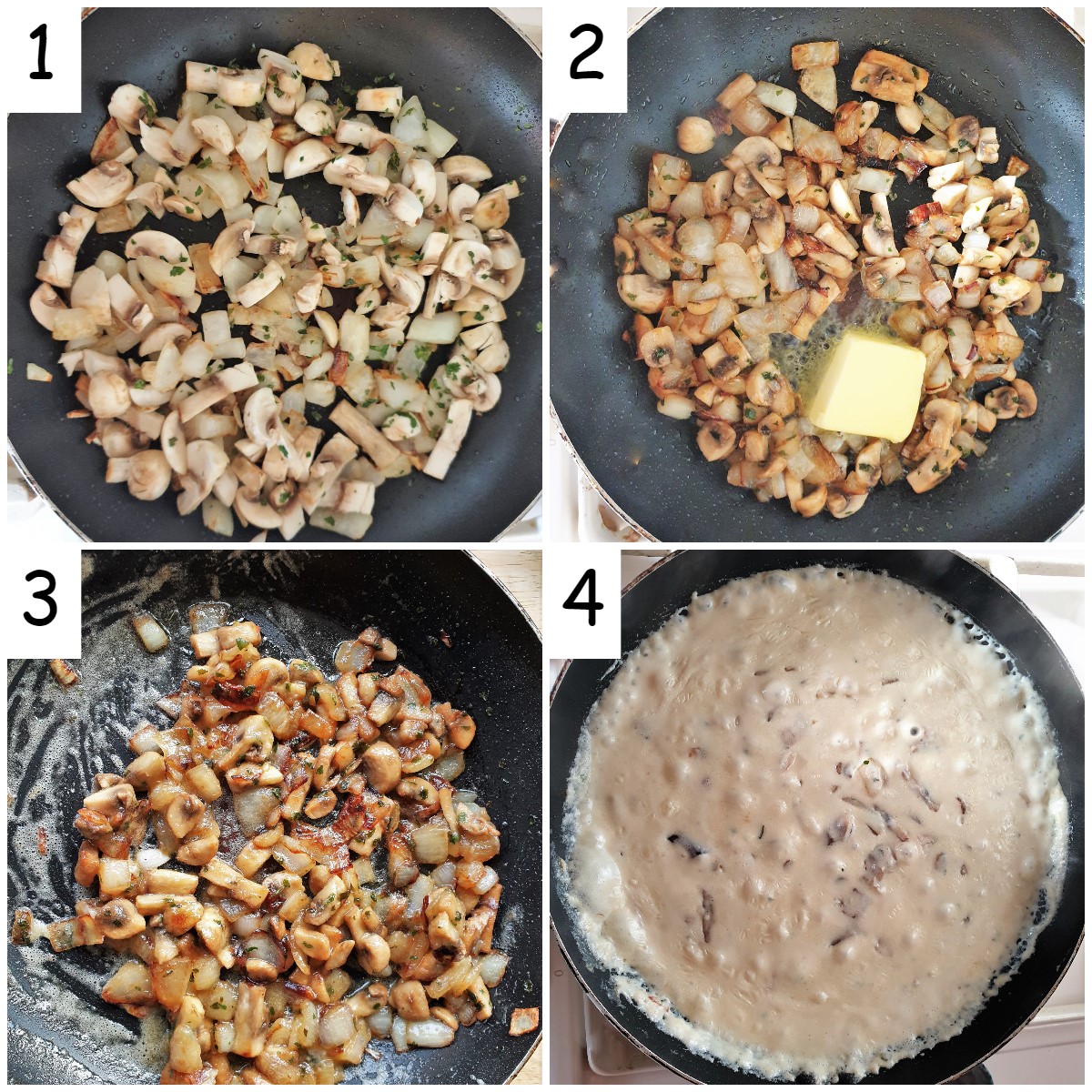 Collage of 4 images showing how to cook the mushrooms and make the sauce for the pie.