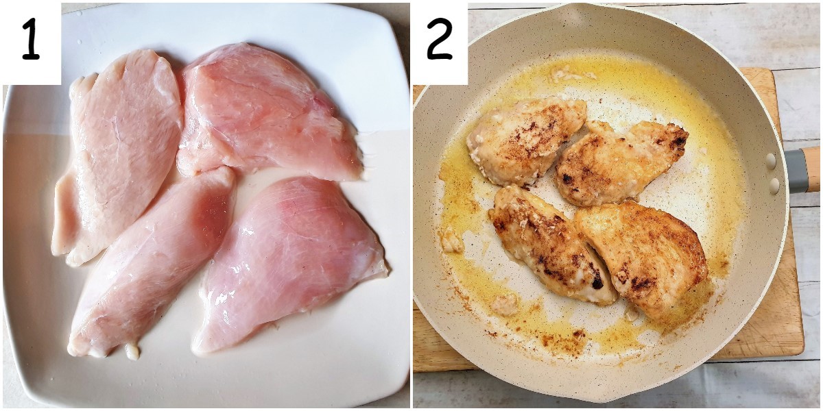 Chicken fillets on a plate and in a frying pan.