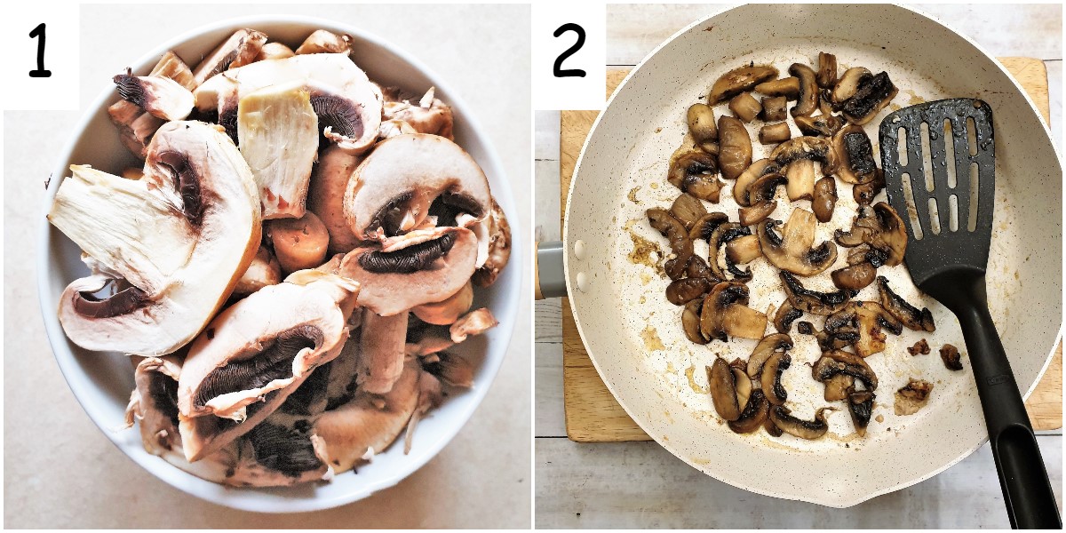 Mushrooms in a dish and mushrooms in a frying pan.