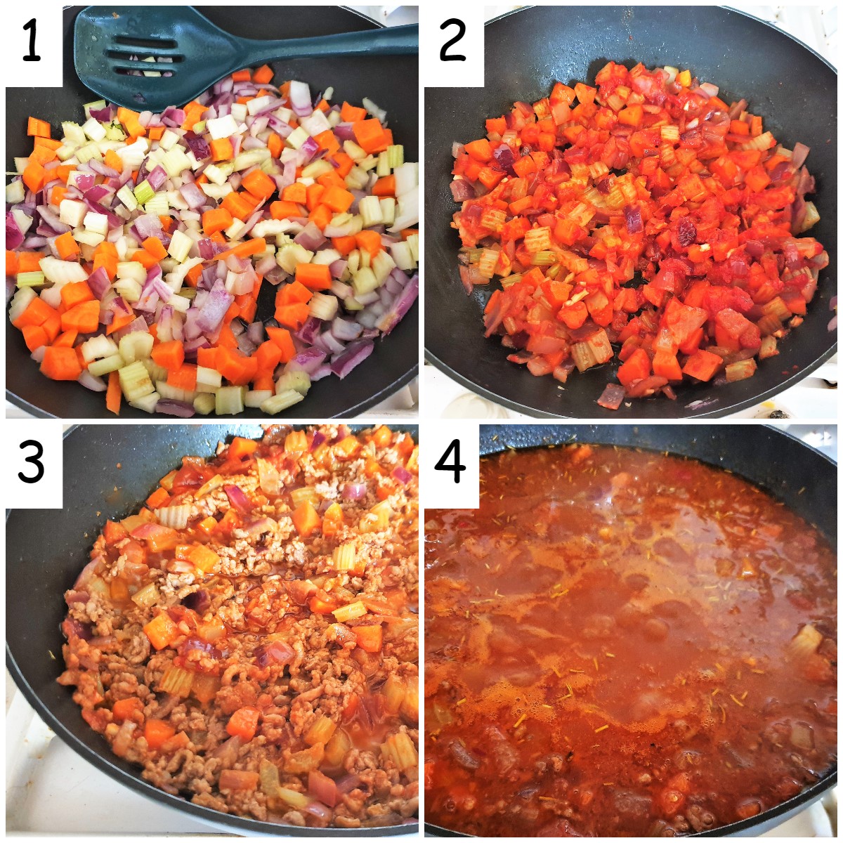 Collage of 4 images showing steps for making lamb ragu sauce.