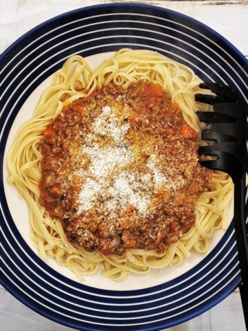 Over head shot of a serving bowl filled with lamb ragu.