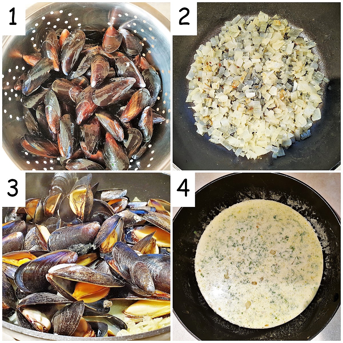 steps for cooking fresh mussels in a creamy garlic sauce.