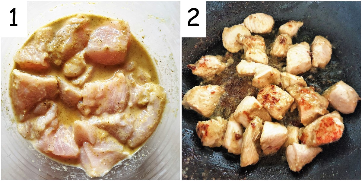 Chicken marinating and being fried.