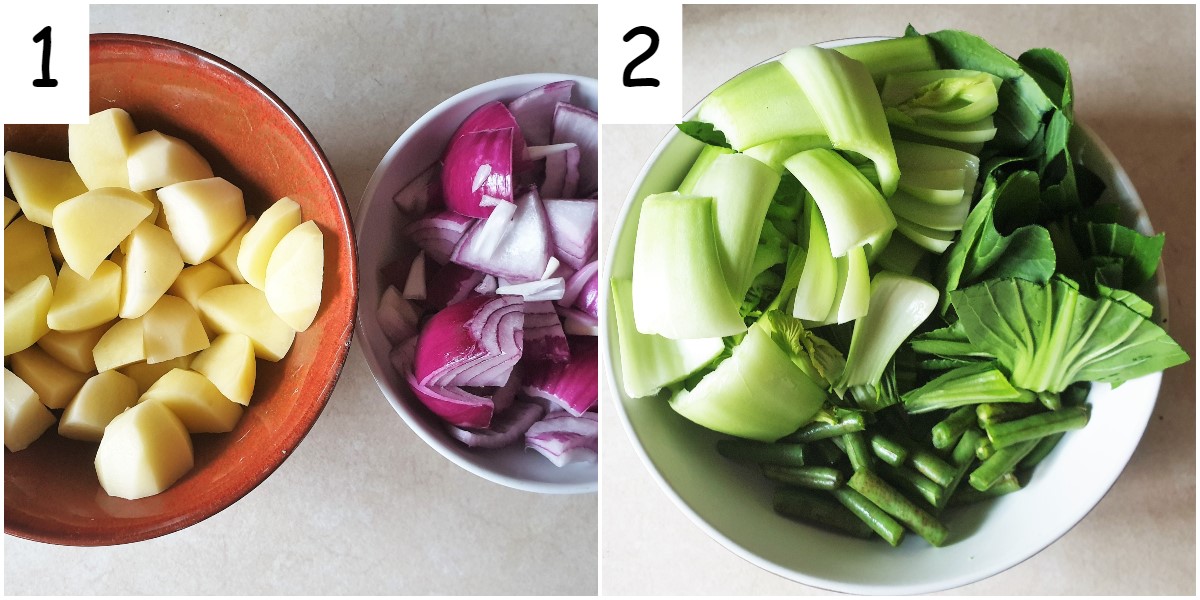 Potatoes, red onions, pak choi and green beans in bowls.