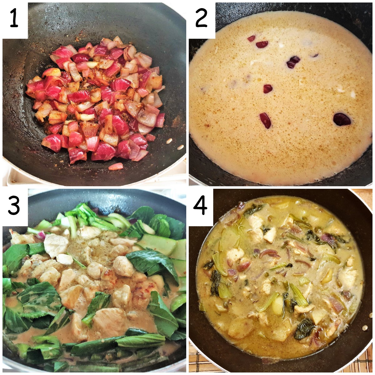 A collage of 4 images showing steps for making the curry.