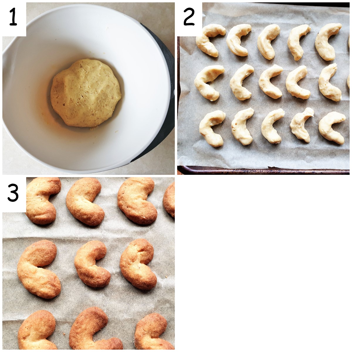 Steps to roll and bake walnut crescent cookies