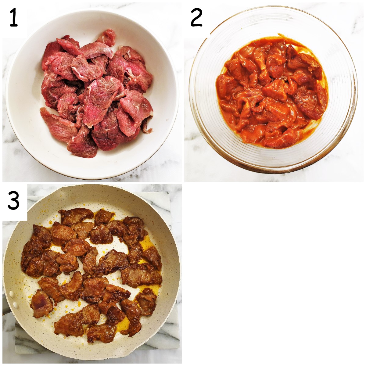 Steps for marinating and frying the beef.