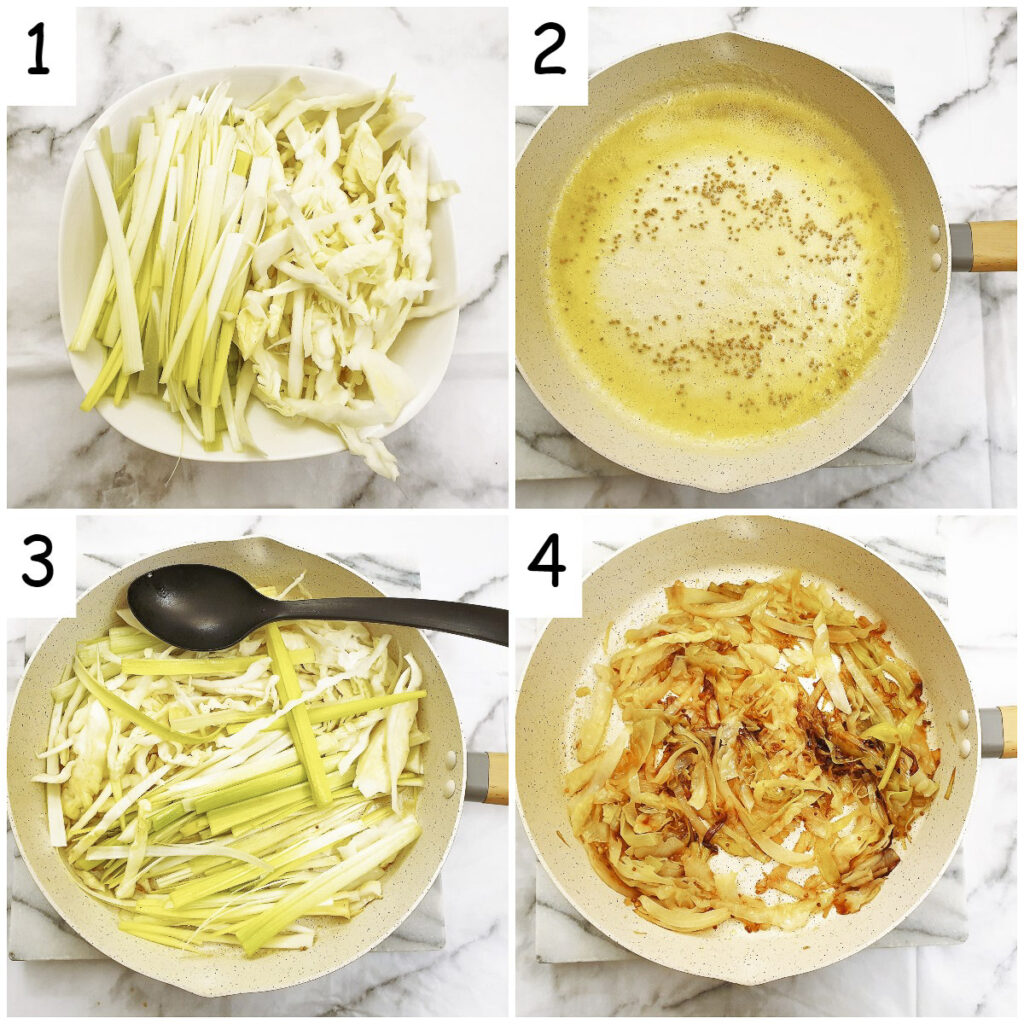 Steps for making buttered cabbage and leeks with mustard seeds.
