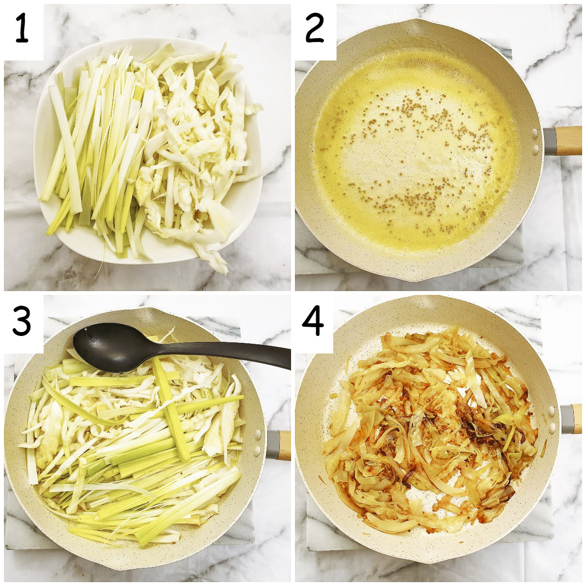 Steps for making buttered cabbage and leeks with mustard seeds.