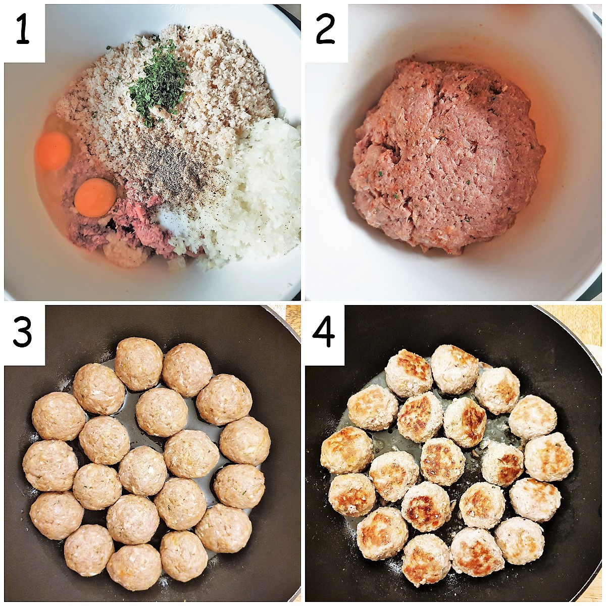 Steps for mixing and frying the meatballs.