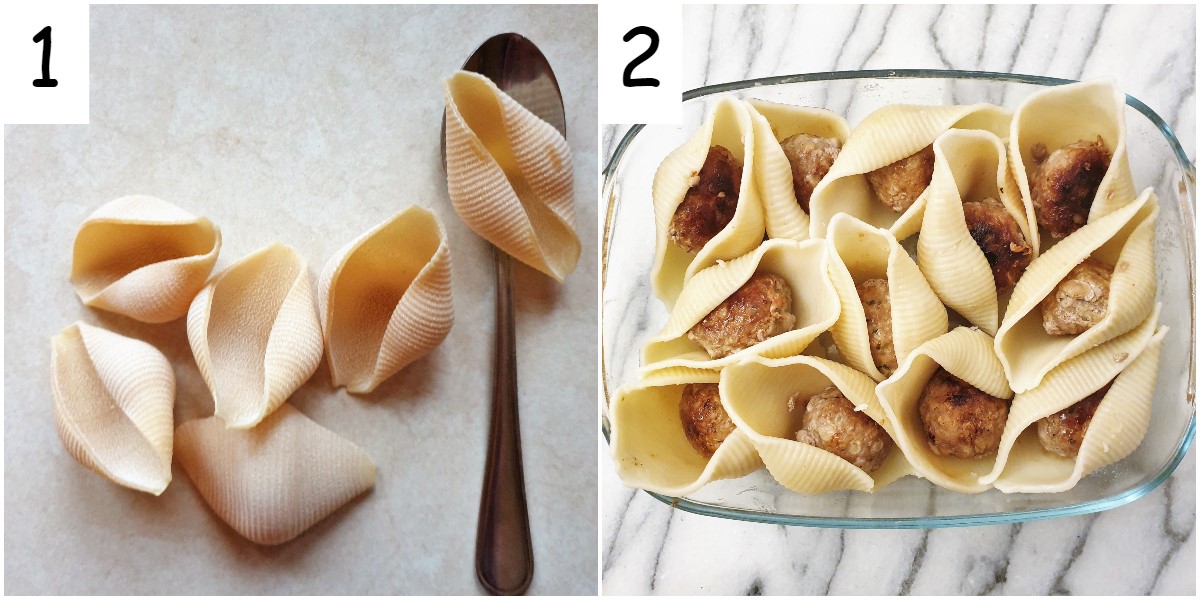 Jumbo pasta shells next to a spoon, and a dish of pasta shells each containing one meatball.