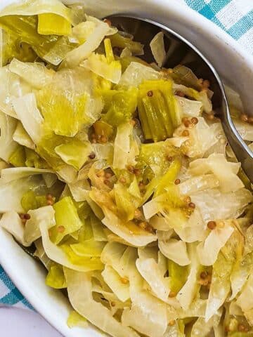 Overhead shot of the a dish of buttered cabbage and leeks.