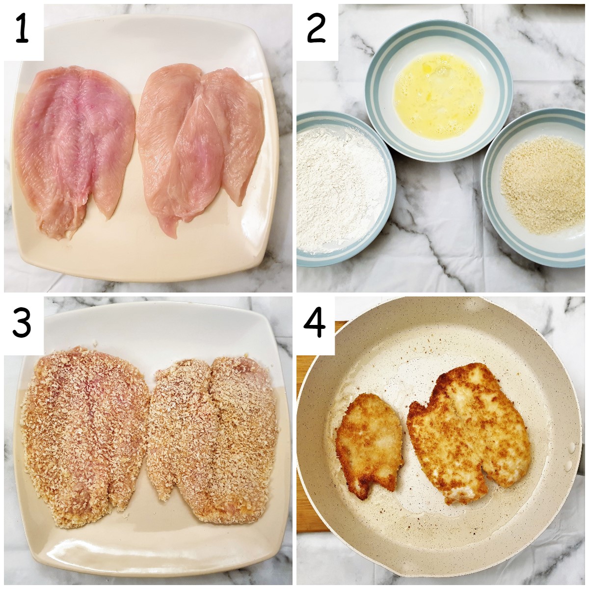 Steps for coating and frying chicken schnitzels.