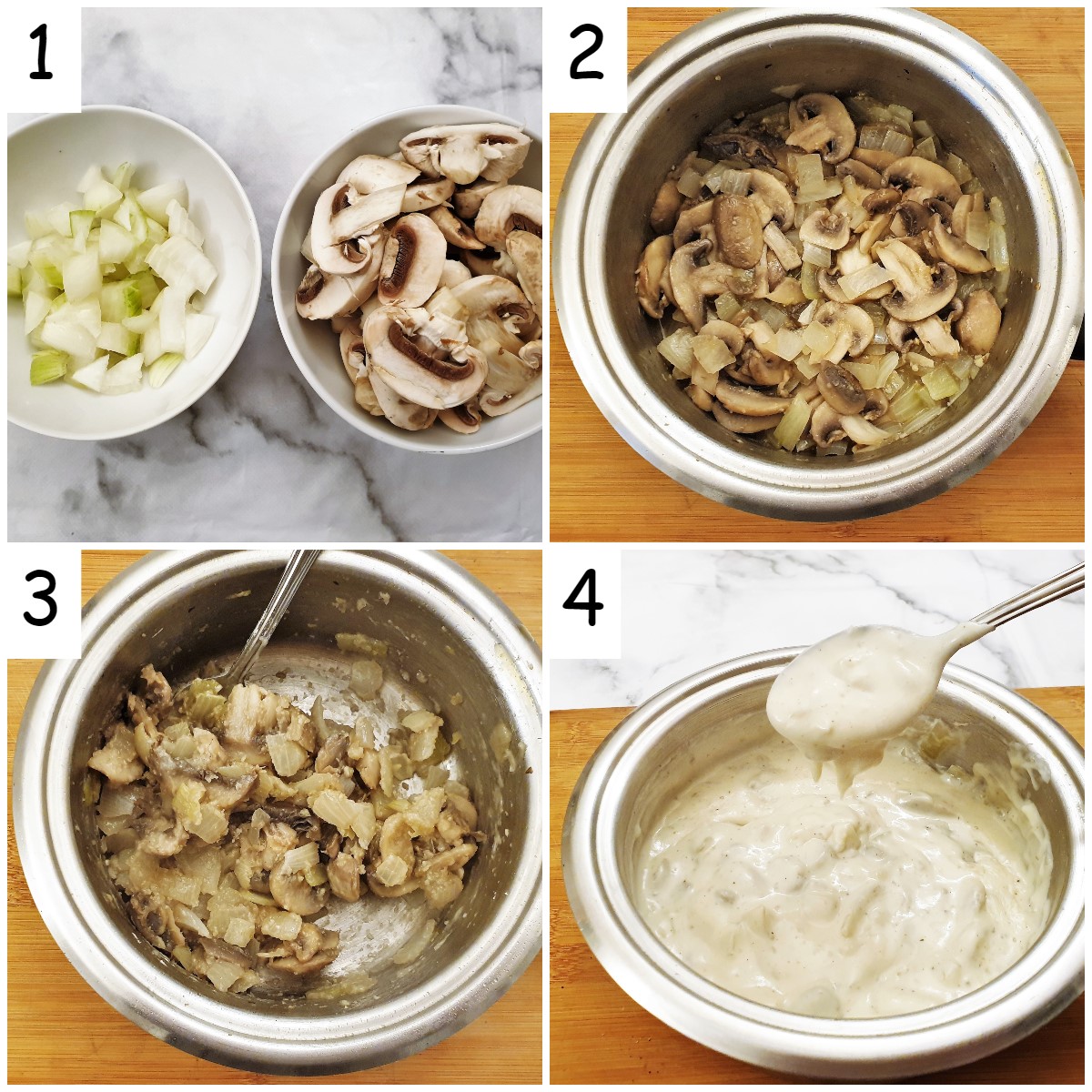 Steps for making creamy mushroom sauce.