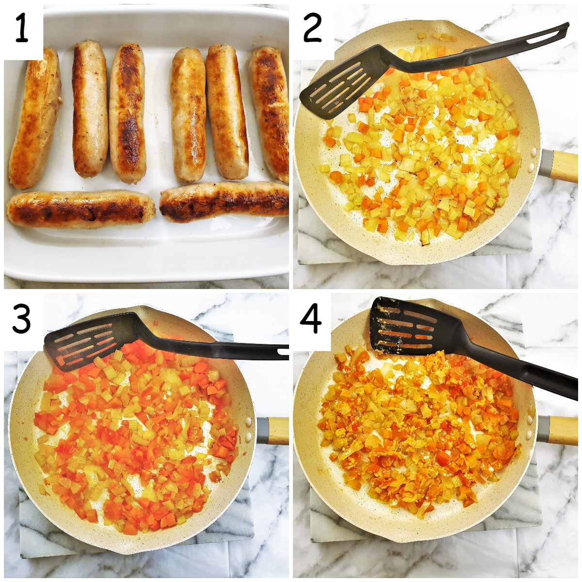 Steps for frying the sausage and vegetables.