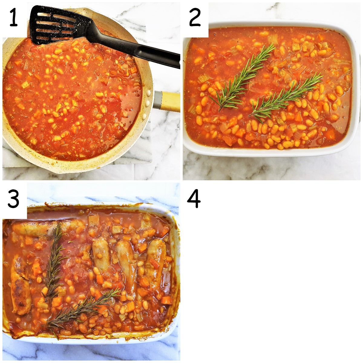 Steps for assembling a sausage and bean casserole.