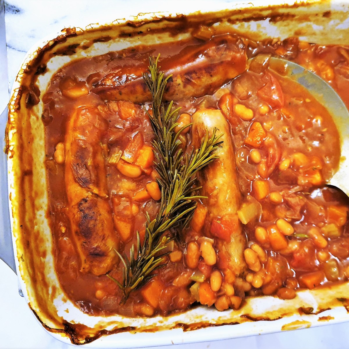 Overhead shot of sausage and bean casserole.