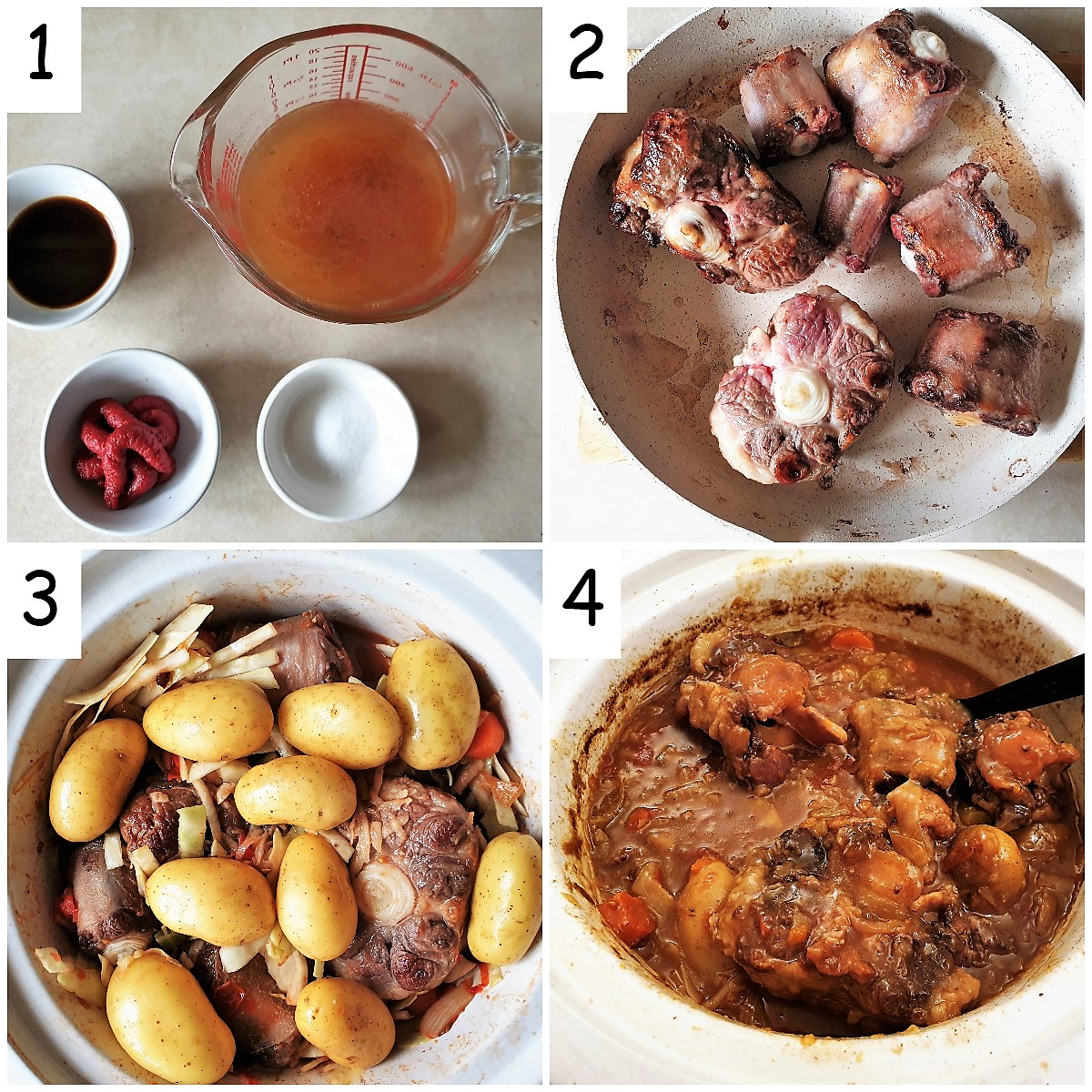 Steps to brown the meat and transfer everything to the slow cooker.