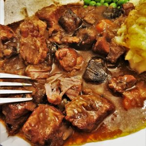 Close up of steak and kidney stew showing how the meat falls apart.