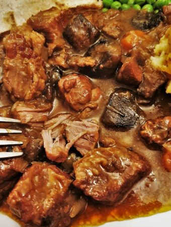 Close up of steak and kidney stew showing how the meat falls apart.