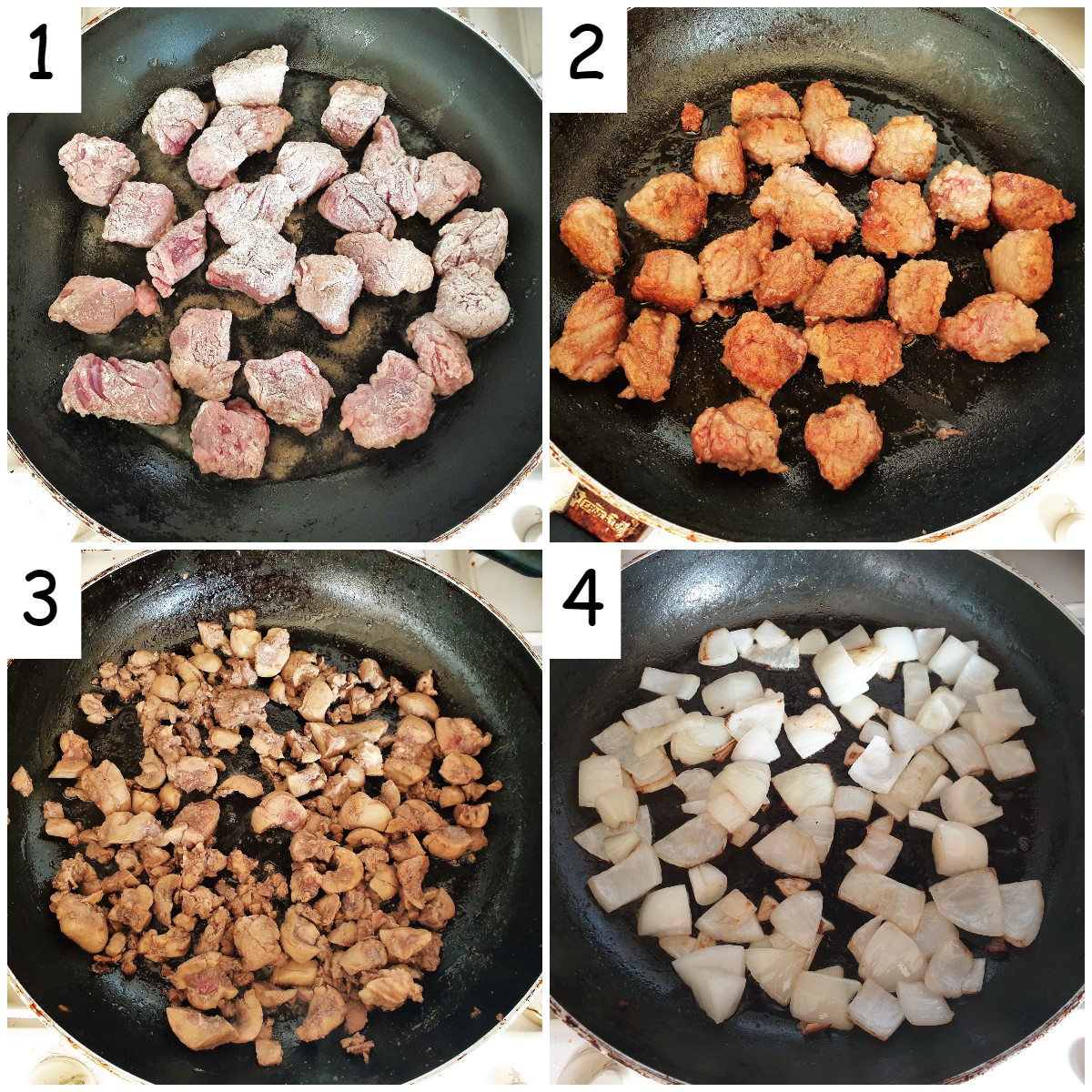 A hearty beef and kidney stew, slow-cooked until you can cut the meat with a fork! And I've also got three secret tips for making the tastiest, thickest gravy, without the need for thickening agents. #foodleclub homemade #steakandkidney #beefstew #slowcookerstew Steps for browning the meat and onions.