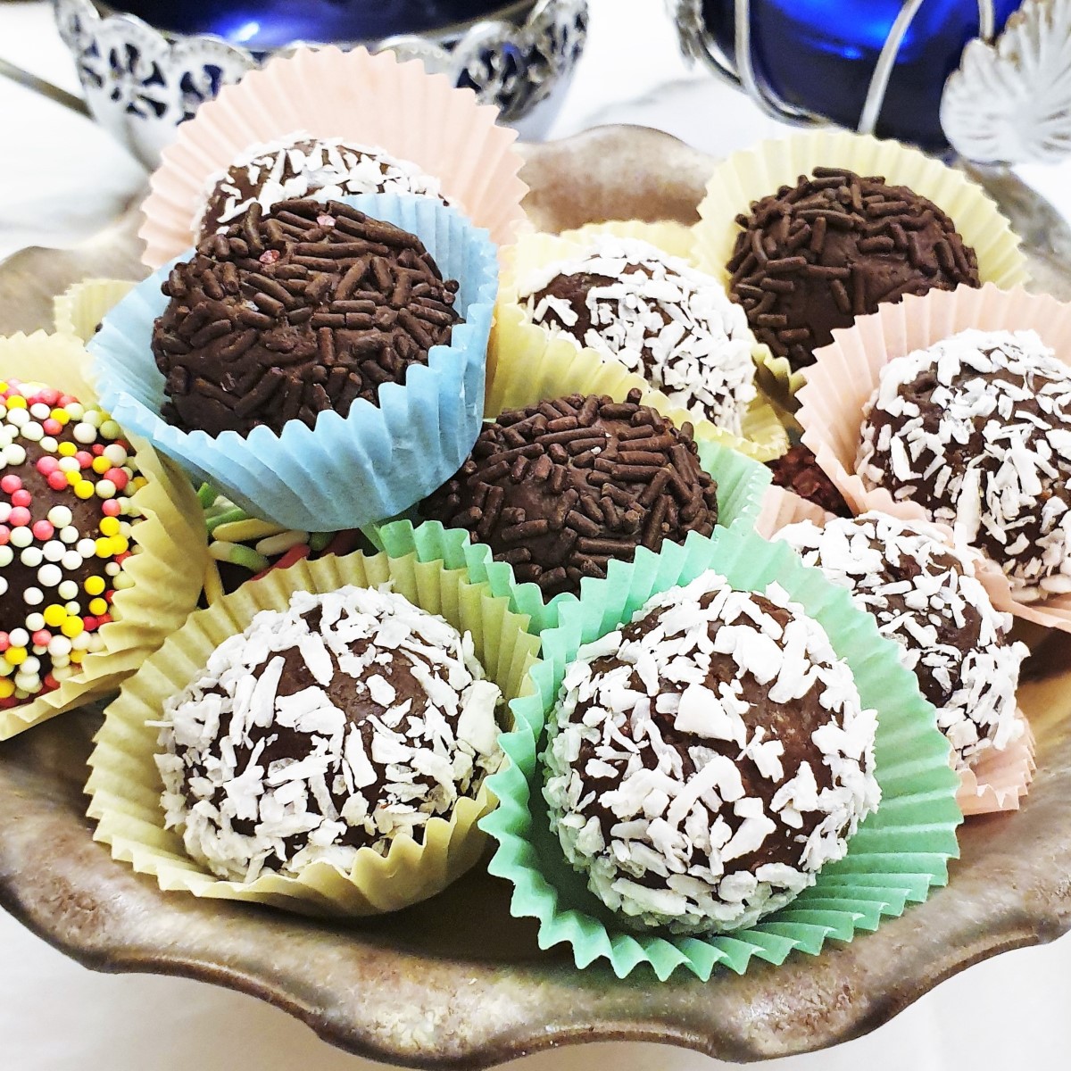 Closeup of a dish of Baileys chocolate truffles.