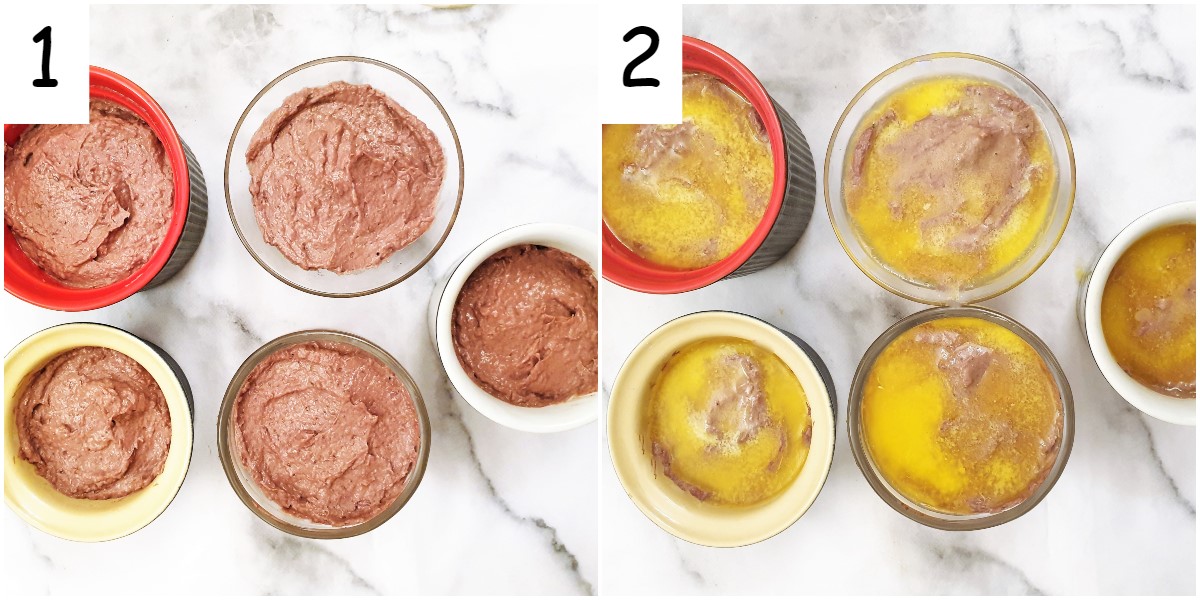 5 ramekins of pate before and after covering with a layer of butter.